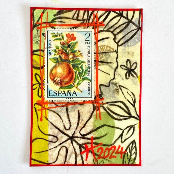 ACEO Original Mixed Media Art 1975 Spain Pomegranate Bird Postage Stamp ATC - Picture 1 of 4